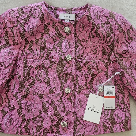 CeCe Jackets & Blazers - CeCe Antique Olive W/Pink Lace/ Rhinestone Button Cropped Collarless Jacket: XS